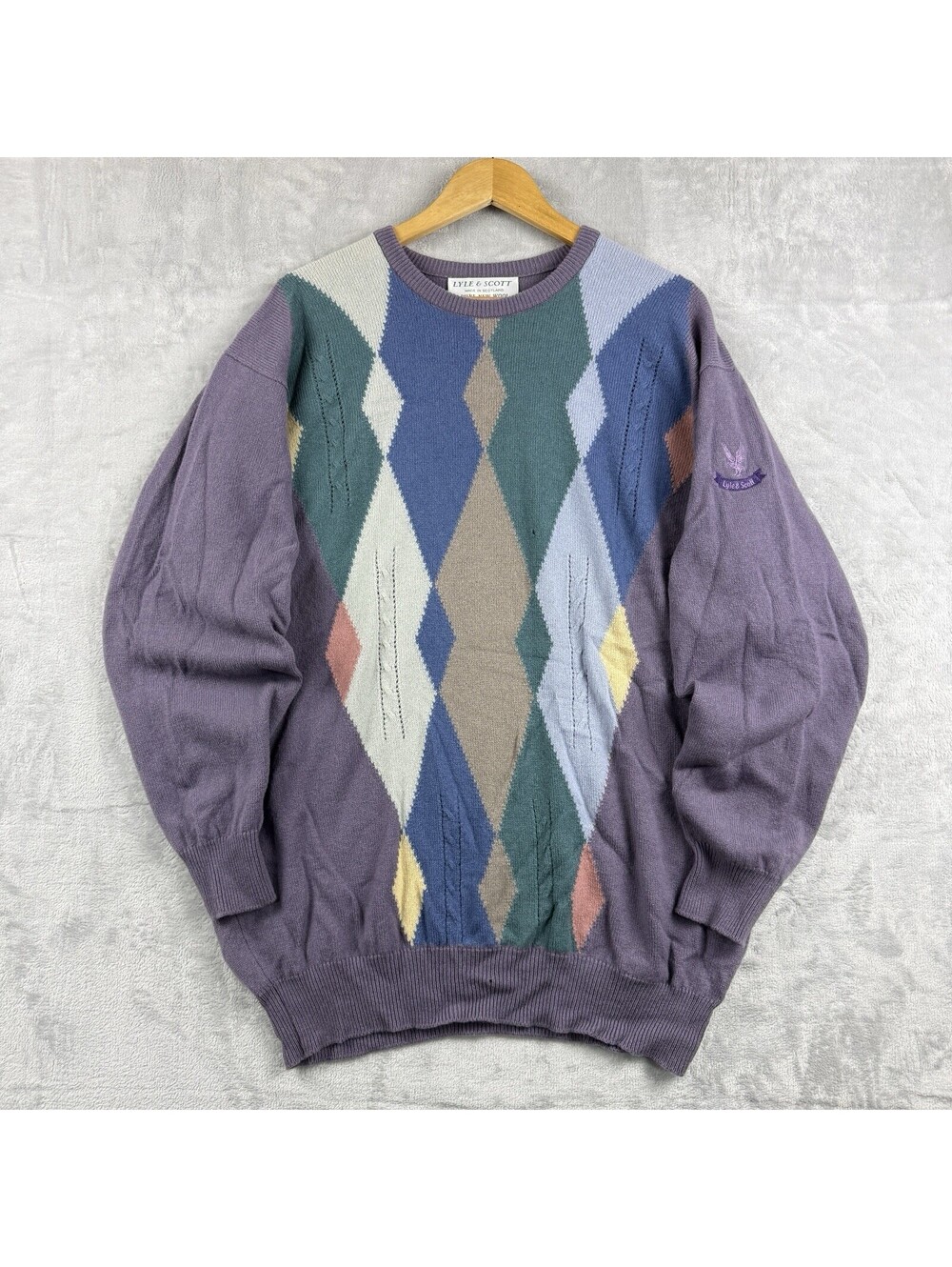 Vintage Lyle & Scott Made in Scotland Pure New Wool Argyle Golf Sweater Purple